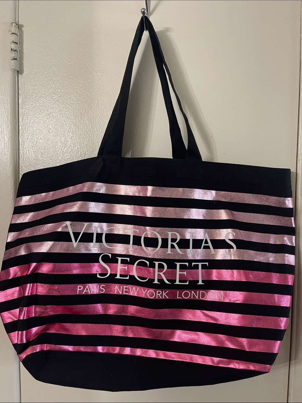Victoria's Secret Black and Metallic Pink Striped Tote Bag Women’s Size L